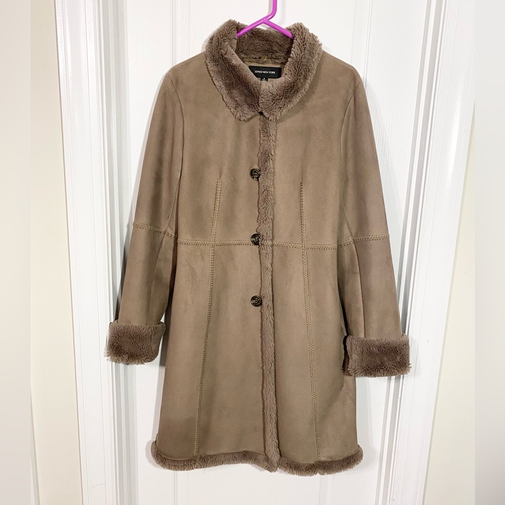 Y2K Jones NY Faux Shearling Microsuede Button Front Coat Taupe Size Medium